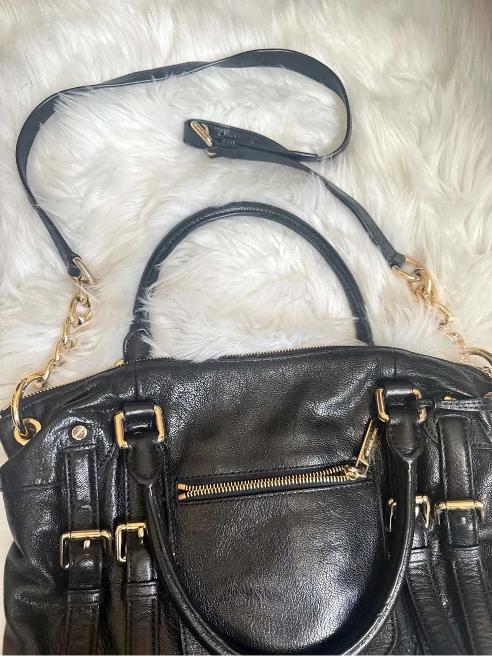 Michael Kors Black Leather Satchel with Gold Accents
